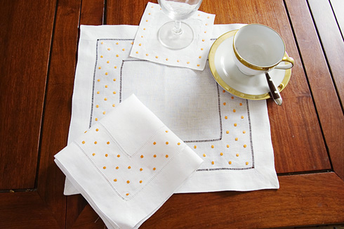Linen Luncheon Napkin. Orange Swiss Polka Dots. 14"sq. 1piece
